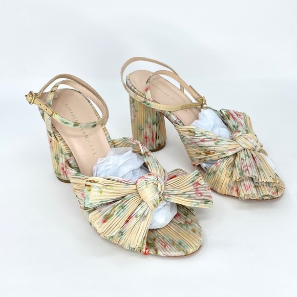 Loeffler Randall Camellia Pleated Bow Heels Ankle Strap Cream Floral 5.5 - Picture 4 of 13